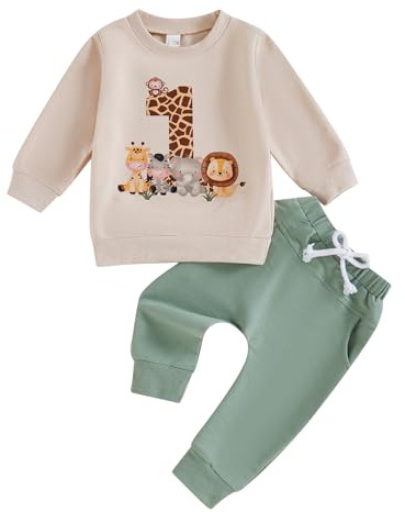 Carolilly Ensemble Animaux Bébé Garçon Costume Anniversaire Vêtement Nouveau-né 3pcs Sweat + Pantalon Tenue d'anniversaire pour Automne Hiver (Beige Thème Jungle Safari, 12-18 Mois)