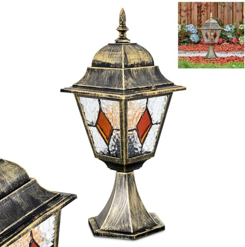 HOFSTEIN Sockelleuchte Chatelain, Außenwegeleuchte aus Metall/Glas in Schwarz/Gold/Klar/Bernstein, Wegelampe im Antik/Landhaus/Vintage/Retro-Design für Garten, Außenbereich, Hof, Höhe 45 cm, E27, IP44