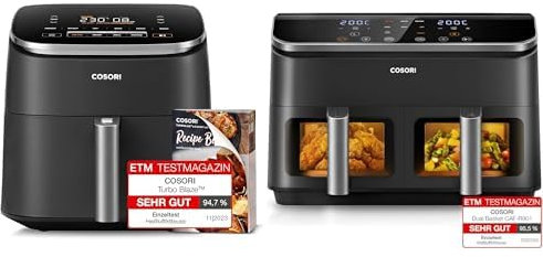 COSORI Heißluftfritteuse XXL Turbo Blaze, 6L Airfryer mit 5 Geschwindigkeitsstufen & COSORI Heißluftfritteuse mit Doppelkammer