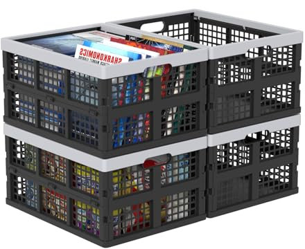 Ysmiltion 35 L Plastic Folding Crates, Collapsible Storage Crate Baskets, Black, 4 Packs