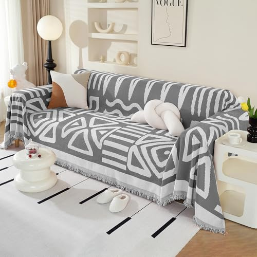 Royhom Sofa Überzug Boho, Sofabezug L Form, Couch Überzug Ecksofa, Sofaüberwurf 2 Sitzer, Couch Überwurf mit Deko Quasten, Grau Sofa Überwurf(Boho Dunkelgrau, 180x260cm)