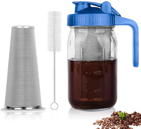 QHH Cafetera fría de 32 onzas, jarra de infusión fría con filtro súper denso de acero inoxidable, tarro Mason resistente sin BPA para café helado, té helado, azul limonada