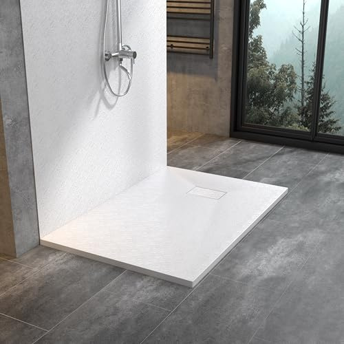 WITEN&NOCK flache SMC Duschtasse 120x80cm Steinoptik Anti-Rutsch 32mm weiß | Ø90mm DIN-Anschluss, bruchfest, zuschneidbar, Vielseitige Montage, hygienisch, einfach zu reinigen für Duschkabine Duschwand