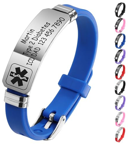 MeMeDIY Bracciale di Allerta Medica Personalizzati per Donne/Uomini Bracciale Impermeabile in Silicone Regolabile/Bracciali in Acciaio Inossidabile con di Info Allerta ID Medico Incise Style-C7