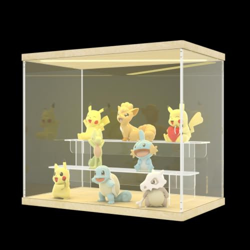 DuvinDD Vitrine, Acryl, LED, transparent, 3 Ebenen, kleine Vitrine, für Sammlung, Vitrine, Figur für Pop Mart Labubu, Skullpanda, Funko Pop, Vitrine Miniaturauto (Holzmaserung, 31,6 x 18 x 26,4 cm)