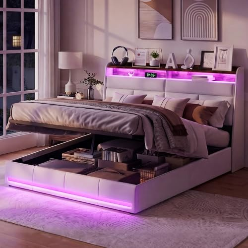 Vadderad dubbelsäng, 140 x 200, med sänggavel, förvaringssäng, 140 x 200, LED, sängram med ribbotten, 2 personer med LED-PU-ljus (vit, 140 x 200 cm)