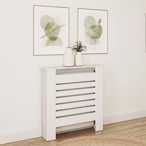 GFW Small White Cleo Radiator Cover Horizontal Slats Top Shelf Storage Modern White Design Bedroom Hallway Living