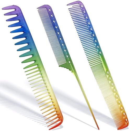 3 Pcs Rainbow Styling Comb Set - Fine & Wide Tooth, Rat Tail, Anti-Static Hairdressing Tools