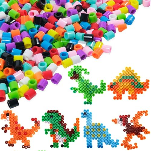 wlertcop Große Bügelperlen 10MM, 1000 Stück XL Steckperlen mit Platten Dino Set mit Steckplatte, 10 Tiere Muster, 15 Schlüsselbänder und Bügelpapier, Kreatives Perlenset für Kinder ab 3 Jahren