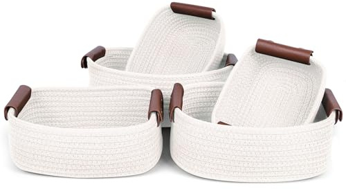 Ezvsevuo 5 Pezzi Cestini Portaoggetti in Corda di Cotone Intrecciato, Cesto Portaoggetti Ceste con Manici in Pelle, Cestino Impilabile Organizer per Camera, Bagno, Armadio, Bambini, Soggiorno, Bianco