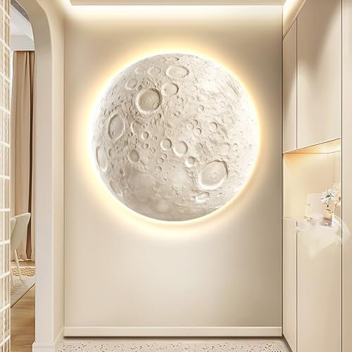 TUPAFJU Decorazione murale a forma di luna in 3D, scultura murale fatta a mano con luci a LED, decorazione per la casa, murale 3D con luci, dipinto da appendere al soggiorno(A,100cm/39.4in)