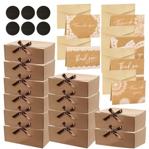 12 Stück Kraftpapier Geschenkboxen mit Deckel & Band - Naturbraun Brautjungfer Antragsbox für Hochzeit, Geburtstag, Weihnachten und Partygeschenke - mit Grußkarten und Umschlägen