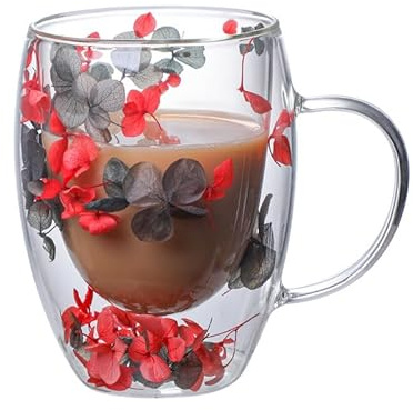 Tasses à café en verre à double paroi avec motif fleurs séchées, jolies tasses à thé avec poignées, tasse à cappuccino, chocolat chaud, latte (rouge)