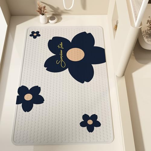 Alfombra Ducha Antideslizante 60X90Cm Flores Azules Profundos Baño con Ventosas,Alfombrilla Infantil,Lavables A Máquina Suave Alfombra De Baño,para Ducha Y Bañera