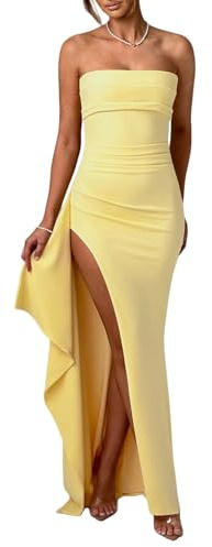Zesoyne Womens Strapless Maxi Dress High Slit Long Gown | Tube Top Dresses, Irregular Hem, Ruched, Elegant Outfit for Evening, Party, Cocktail, Wedding, Prom
