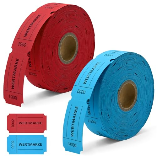 Bohoray 2 Stück Wertmarken Rollens Fortlaufende Nummer 1-500 Rot und Blau | 1.000 Stück 50x25mm Wertmarken Getränke, Essensmarken Rolle für Bars Geschäfte Karneval Hochzeiten Partys