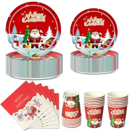Nkaiso Kit de Vajilla Desechable Navideña 80 Piezas - 20 Platos de 23 cm, 20 Platos de 18 cm, 20 Vasos y 20 Servilletas - Decoración para Fiestas de Navidad - 20 Invitados