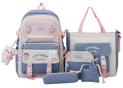 Skolryggsäck set - 5 delar canvas ryggsäck set, skolryggsäckar för barn sommar eller skola | Tonårsflickor bokväska, skolryggsäckar för pojkar, studenter, barn, tonåringar, Blå, riferimento alla