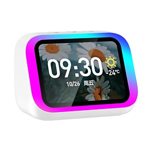 AI Réveil intelligent avec grand écran HD et haut-parleur Bluetooth 5.4 – Lumières RVB dynamiques, affichage de l'heure et de la météo, son stéréo Hi-Fi, appels mains libres, album photo électronique