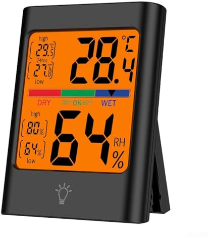 Indoor Digital Thermometer and Hygrometer with Touch Button, Large Backlit LCD Display, Accurate Temperature and Humidity Monitor, Magnetic Mount for(black)