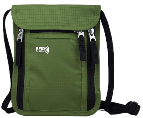 Brustbeutel mit RFID Schutz, Anti-Diebstahl Brusttasche Damen Herren, Grün | Wasserdicht Reisegeldbeutel, Verstellbarem Unisex Sicherheitstasche Reise für Passport Karten Smartphone Geld