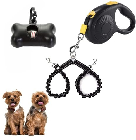 Double Dog Leash for Walking 2 Small Dogs (Up to 33 Lbs Each), Dual Retractable 9.8ft Extendable Strong Nylon Tape Pet Leash with Poop Bags, One-Handed Brake, Pause, Lock (Black)