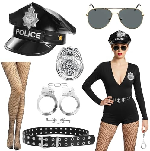 BTHRORO Costume de Police Femme, Accessoires de Déguisement Police avec Chapeau Menotte Insigne Bas résille en Maille Ceinture Lunettes de Soleil pour Halloween Carnaval et Jeu de Rôle