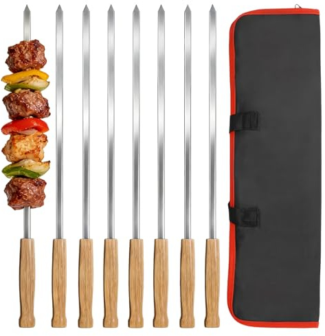 MINGBOLIN 8 Brochetas Barbacoa Planas de Inox, 44 cm, Mango de Madera
