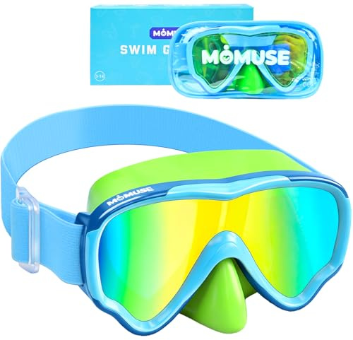 MOMUSE Occhialini Nuoto Bambini con Protezione UV e Cinturino in Tessuto Morbido, Occhialini Piscina Bambino con Copertura per il Naso 3D, Maschera Snorkeling per Bambino Bambina 3-14 Anni