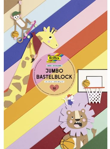 folia 687 - Jumbo Bastelblock BASIC, 23 x 33 cm, Block mit 130 g/m² Tonpapier und 300 g/m² Fotokarton, 50 Blatt in 25 Farben, zum Basteln, Verzieren und Dekorieren