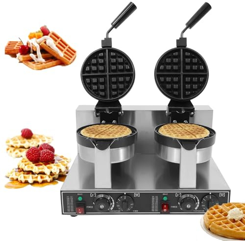 Commercial Double Head Waffle Iron with Non-Stick Coating, 2400W High Power, Adjustable Temperature and Timer for Restaurants and Home Use