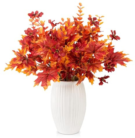 Artificial Autumn Flowers 4 Pcs, Fake Maple Leaves Branches with Eucalyptus