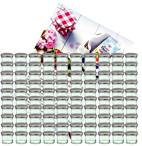 MamboCat 100er Set Sturzglas 125 ml Marmeladenglas Einmachglas Einweckglas To 66 silberner Deckel incl. Diamant-Zucker Gelierzauber Rezeptheft