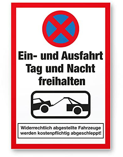 Komma Security Ein- und Ausfahrt Tag- und Nacht Freihalten Schild 20 x 30 cm Warnhinweis - abschleppen Hinweisschild Einfahrt - auch gegenüber Parken verboten - Parkverbot Halteverbot
