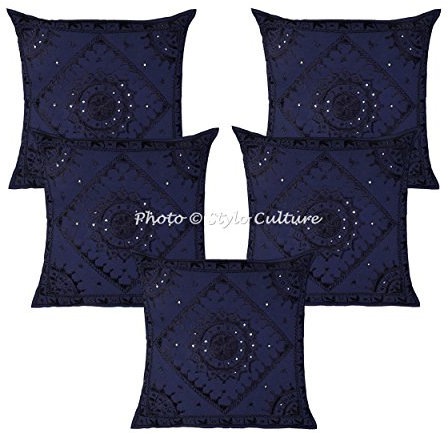Stylo Culture Ethnicas Forros De Cojines Decorativa 60x60 cm Algodón Espejado Fundas Almohadones Sofa Azul 24x24 Inch Bordado Cuadrado sobre Fundas Cojines Dormitorio - 5 Pcs