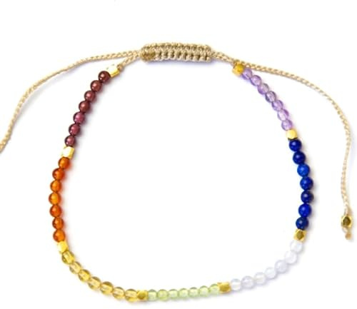 BALIPURA 2mm Cuentas Pequeñas Pulsera 7 Chakras - Aura cristales Amatista, Lapislázuli, Agata de encaje, Peridoto, Citrino, Cornalina y Granate, espaciadores de plata 925, Hecho a mano en Bali