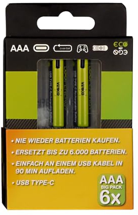 VERICO LoopEnergy AAA 900 Wiederaufladbare USB-C Batterie AAA 1,5V 900mWh (600mAh) Li-Ion, 6 Stück, Schnellladung via USB-C Anschluss in ca. 2 Stunden, 3 x 2er Pack AAA, 3 Kabel USB - A auf 2X USB-C