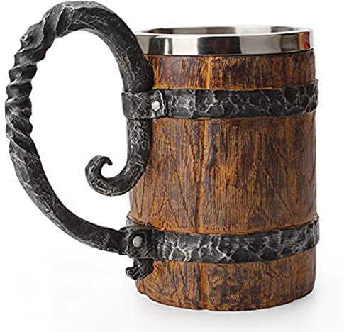 JI Boccale da Birra in Legno Stile Vichingo Come Regalo di Natale Simulazione Barilotto di Legno Bicchiere da Birra Bicchiere da Birra A Doppia Parete Isolato in Metallo (Style 1)