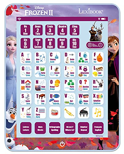 LEXIBOOK, Frozen, Tableta educativa de Aprendizaje bilingüe, aprende Letras, números, Palabras, ortografía y música, inglés/francés, Morado, JCPAD002FZi1