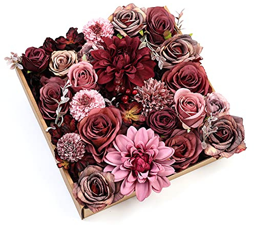 Serra Flora - Juego de 25 Flores Artificiales de Seda para Ramos de Boda, centros de Mesa de Fiesta, Novia, Baby Shower, decoración del hogar (Color Burdeos)