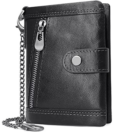 HNOOM Geldbörse Herren RFID Schutz Echtem Leder Geldbörse mit Kette Herren Geldbeutel mit Münzfach Reißverschluss Portemonnaie 17 Kartenfächern Männer Portmonee Brieftasche mit Geschenkbox (Schwarz)