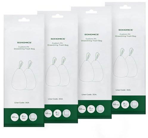 SONGMICS Sacchi Spazzatura, Sacchetti per Immondizia con Manici a Cordoncino, Sacchi per Pattumiere da Cucina da 30L, Pre-separati, Codice 30A, 4 Rotoli, 180 Pezzi, Bianco KRB430A01