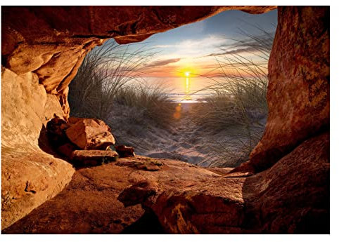 WallArena - Vlies Fototapete Höhle am Strand 368x254 cm - Fototapeten - Tapeten - für Wohnzimmer Schlafzimmer - Vliestapete Wandtapete Tapete 3D Effekt- inkl. Kleister - Sonnenuntergang