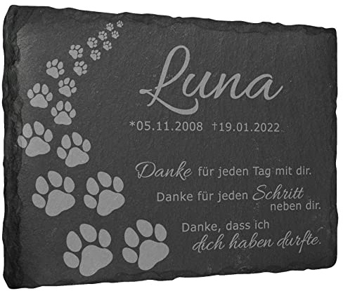 mtb more energy Gedenktafel Grabstein aus Schiefer mit Gravur - Pfotenweg ''Danke'' - personalisierbar - 20x15 cm - Grabplatte Haustier Hund Katze