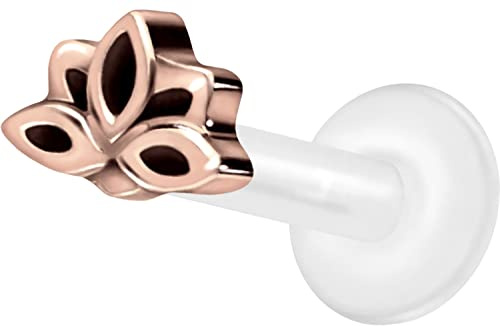 PIERCINGLINE PTFE Labret mit Gewinde Titan Aufsatz LOTUSBLÜTE Piercing Lippe Nase Ohr Helix Tragus Medusa Roségoldfarben 1,2 x 8 mm