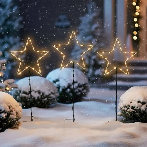 LED Gartenstecker Stern 3er Set - 30/24 cm - Deko Beleuchtung für Außen mit Timer - Garten Leuchte mit Erdspieß Batterie betrieben Weihnachten Advent