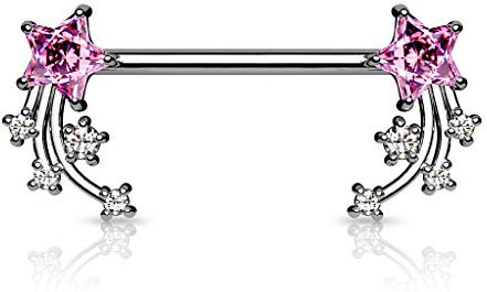 beyoutifulthings Brustwarzen-piercing Stern-schnuppen Silber Clear Pink Brust-piercing Nippel-piercing Intim-piercing Chirurgenstahl Stab 16-mm