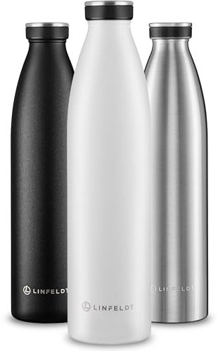 LINFELDT 1L Trinkflasche Edelstahl Isoliert 24H Auslaufsicher + Sprudel - 1000ml Wasserflasche geignet für Sport und Kohlensäure - 24H Kalt & 12H Heiß - BPA Frei - Ergonomisch in Weiß