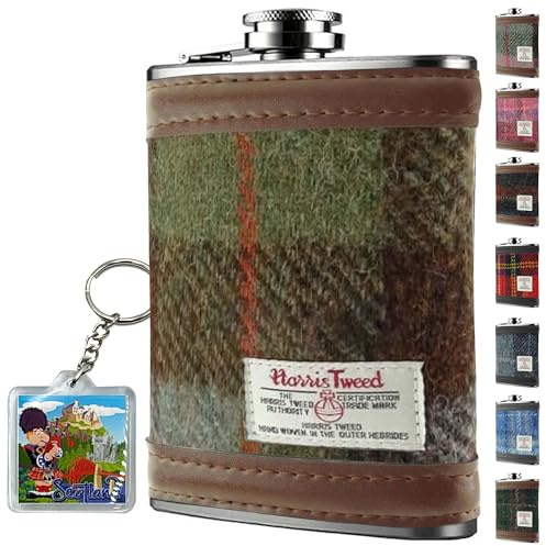 Harris Tweed HF2100 Flasque en acier inoxydable de 177 ml – Tartan MacLeod – Vert foncé et prune à carreaux pour homme – Pour whisky, rhum, mariés, meilleur Usher, mariage, camping