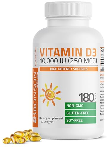 Bronson Vitamin D3 10,000 IU (250 mcg) High Potency - Supports Healthy Immune System, Strong Bones, Muscles & Teeth - Non GMO, 180 Softgels